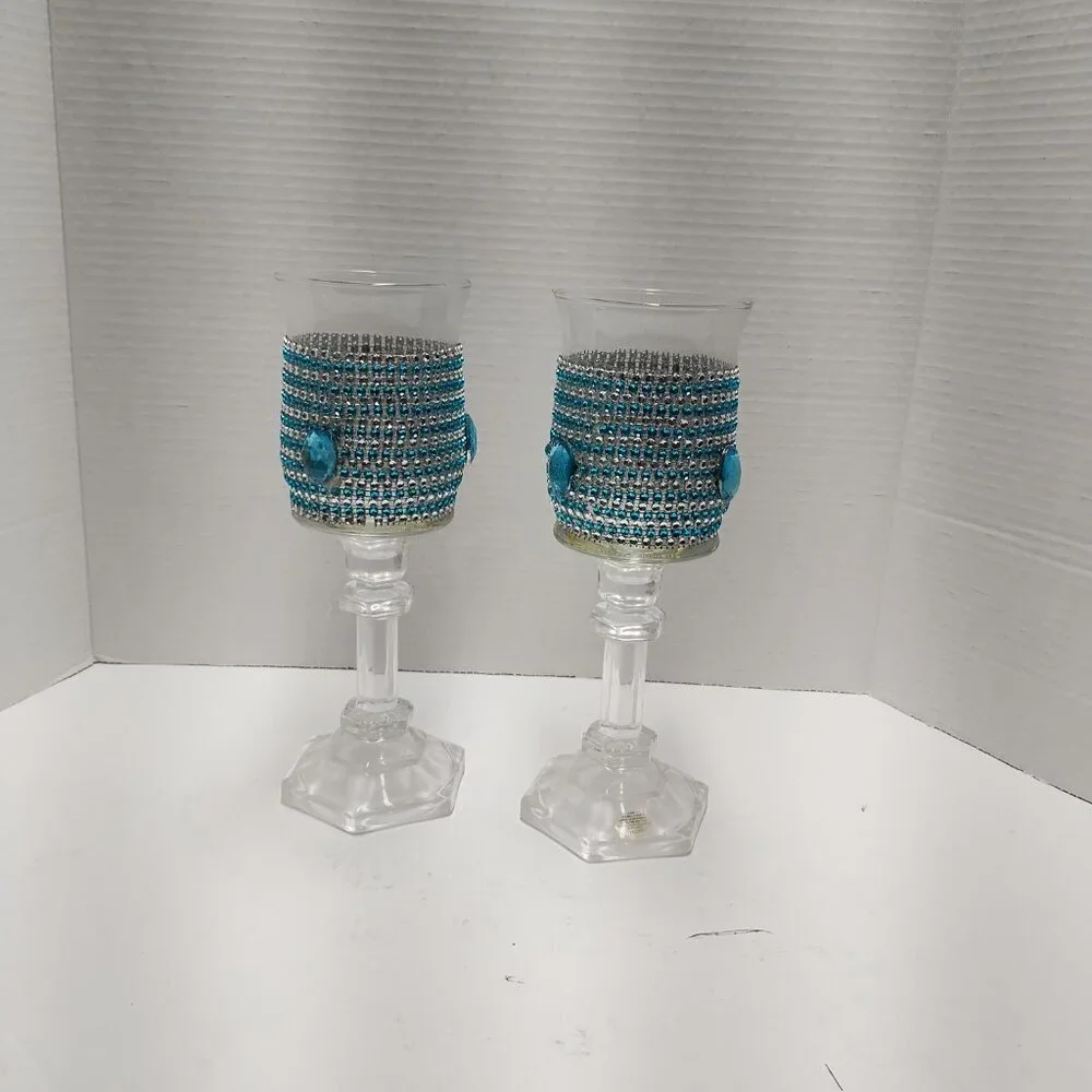 Handmade Crystal Candle Holders – Teal & Silver Jeweled Design (Set of 2)